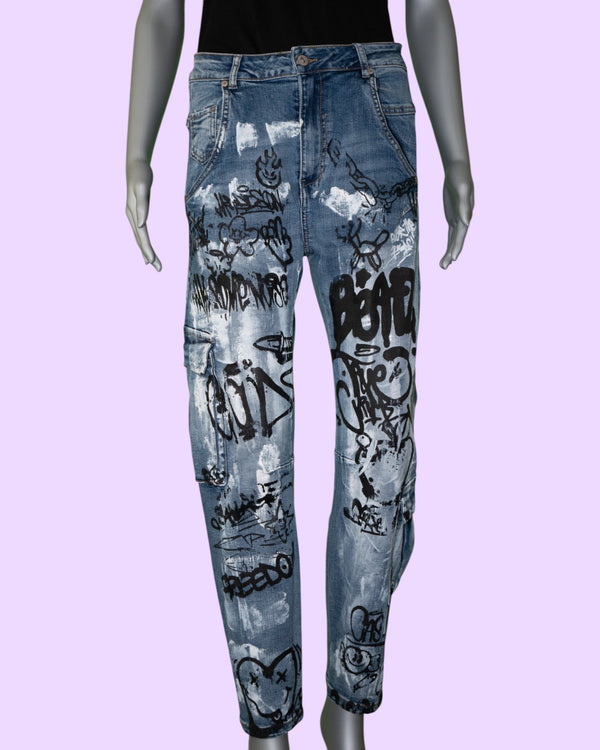 Cleopatra by Bitu Kaur - Graffiti Denim Cargo Jeans